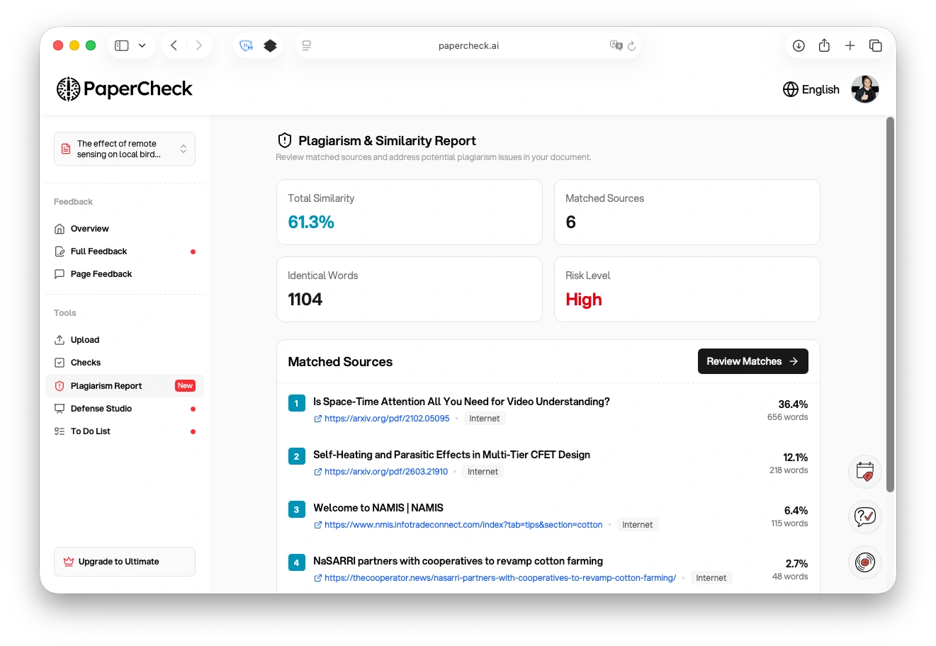 Plagiarism check results with similarity scores and source URLs