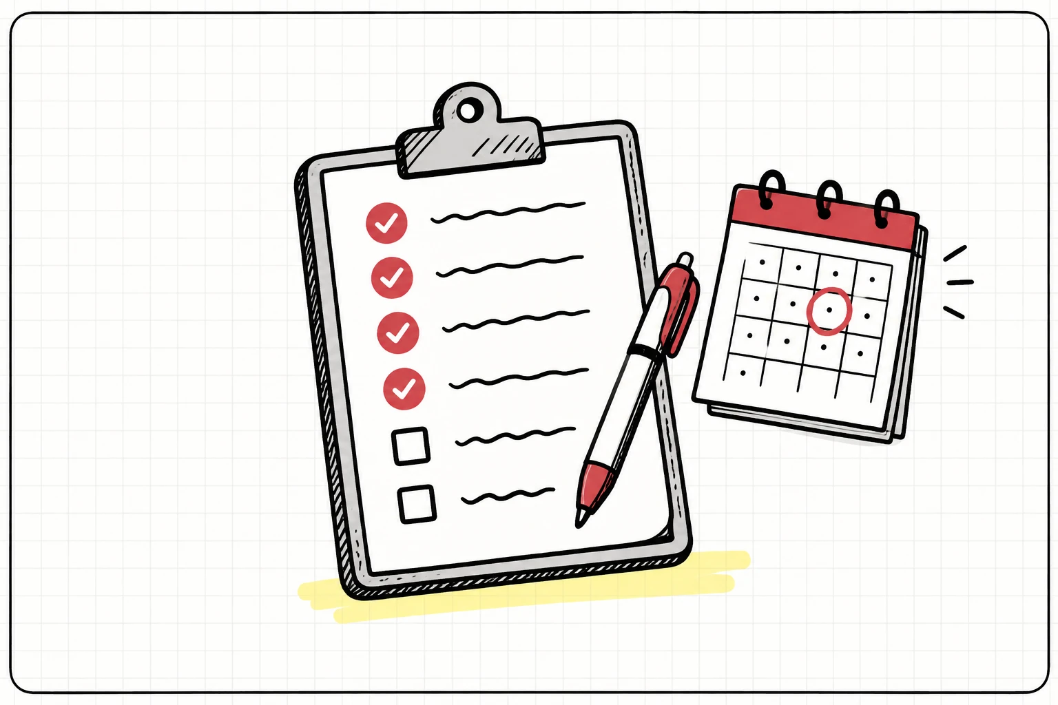 Ein Klemmbrett mit Checkliste, die meisten Punkte abgehakt, ein Stift und ein Kalender mit eingekreister Abgabefrist