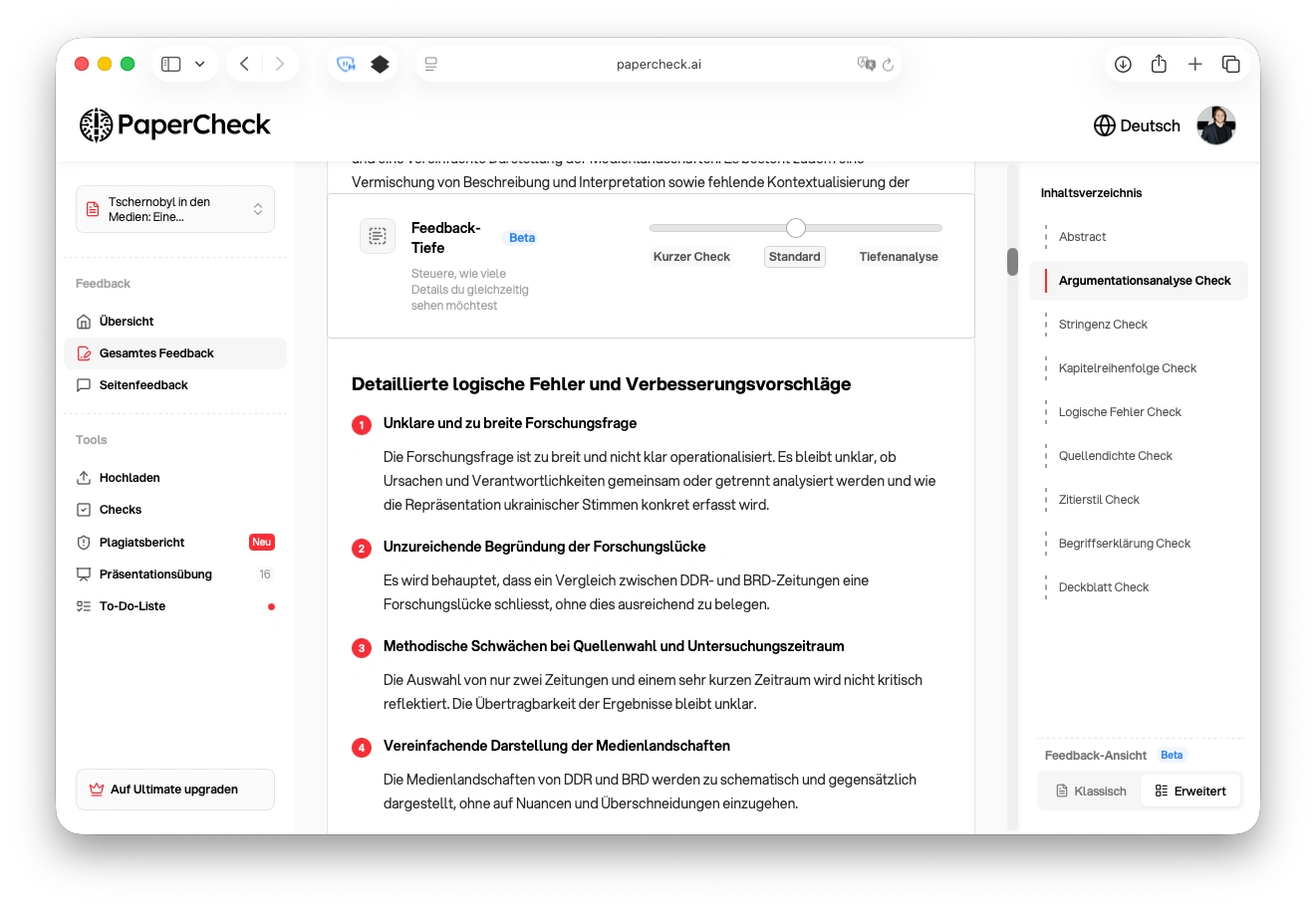 Feedback-Tiefe mit Kurzübersicht, Standard und Detailanalyse