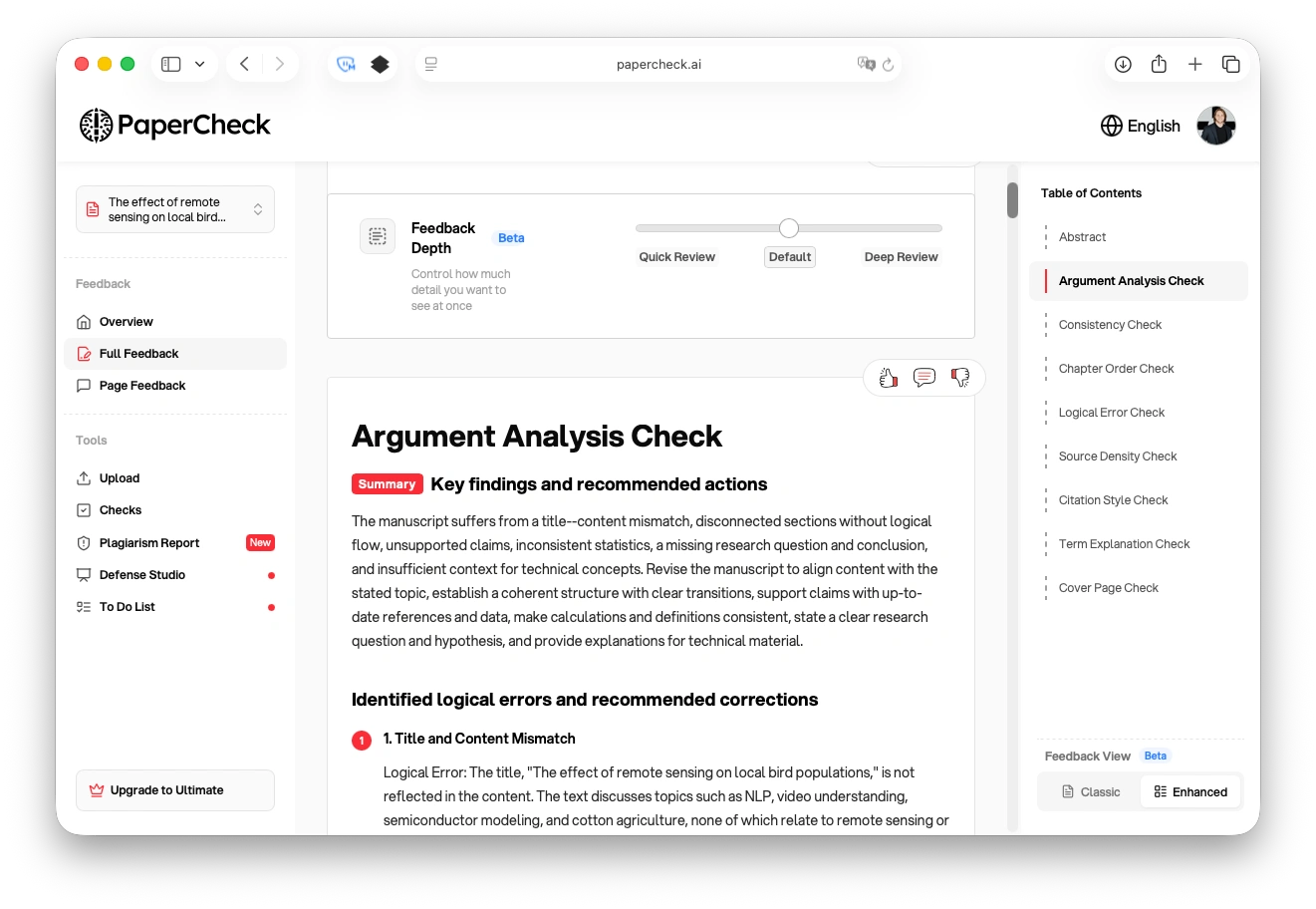 Feedback depth switcher with Quick Review, Default, and Deep Review