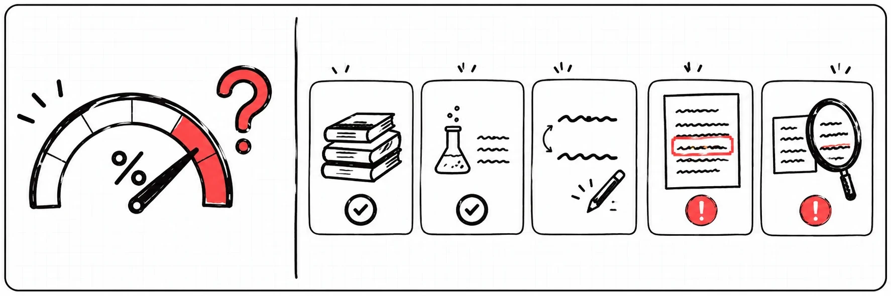A similarity gauge with a question mark, next to five kinds of overlap: bibliography and method phrasing are fine, close paraphrase needs rewriting, uncited text and undeclared earlier work are problems