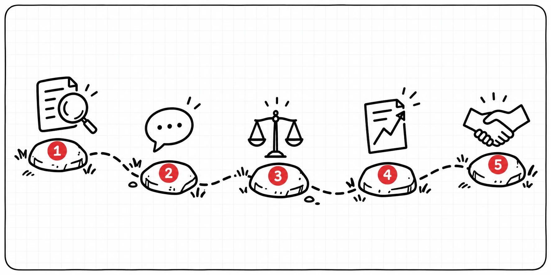 Five numbered steps along a path: ask what is alleged, respond, get advice, appeal, and go to the ombuds office
