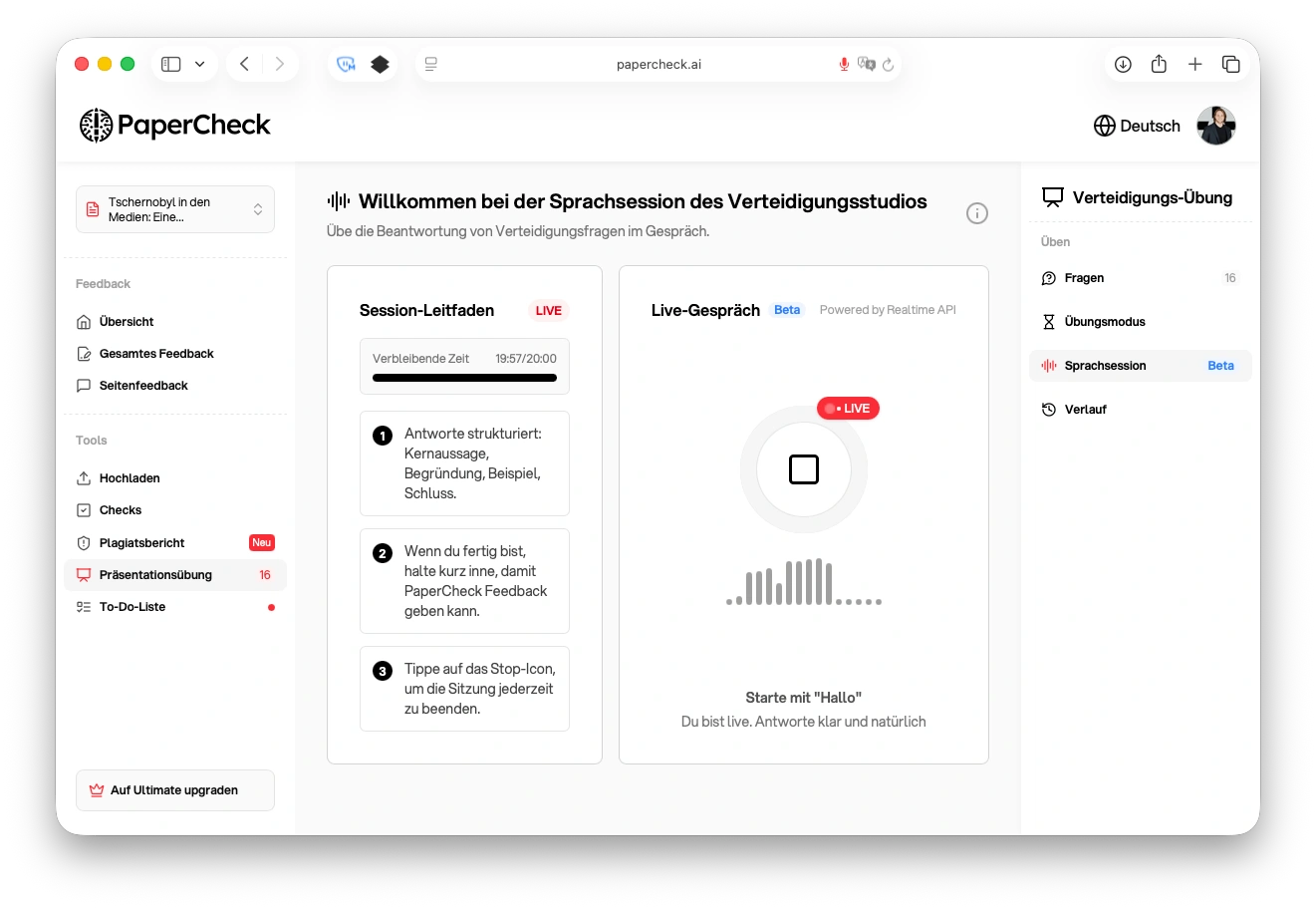 Sprachübung mit Live-Waveform und KI-Prüfer