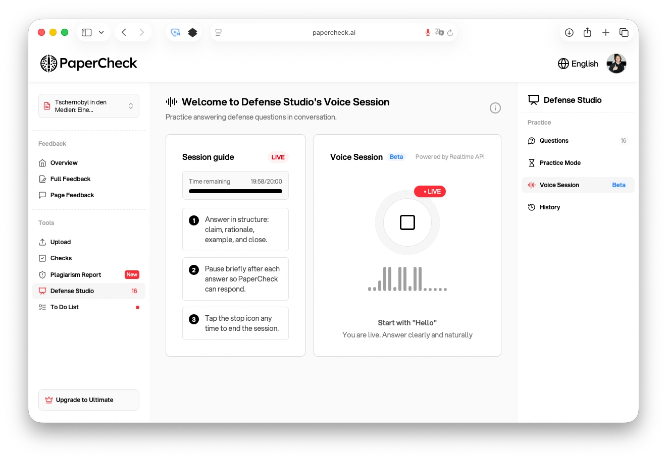 Voice practice session with live waveform and AI examiner